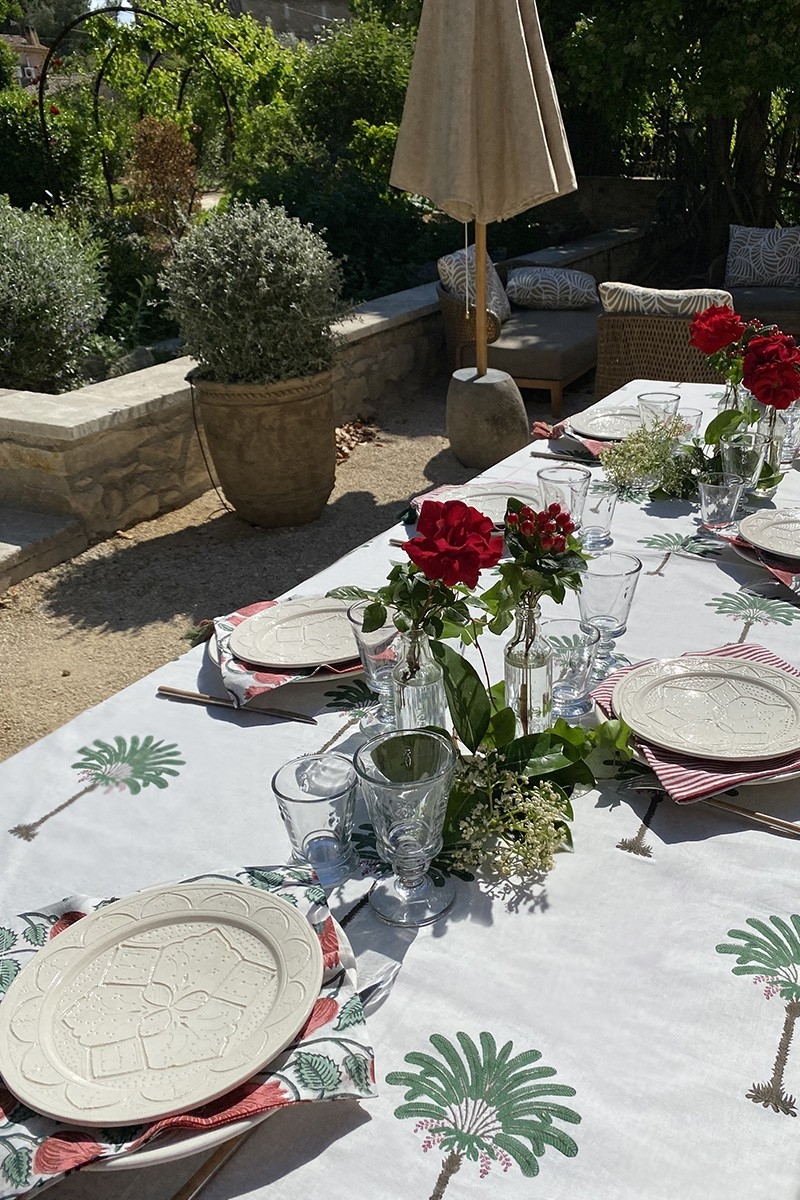 Toalha de mesa Island Green – branco/verde – palmeiras – 100% algodão – boho chic – Jardim Botânico – Miss June Paris – 4