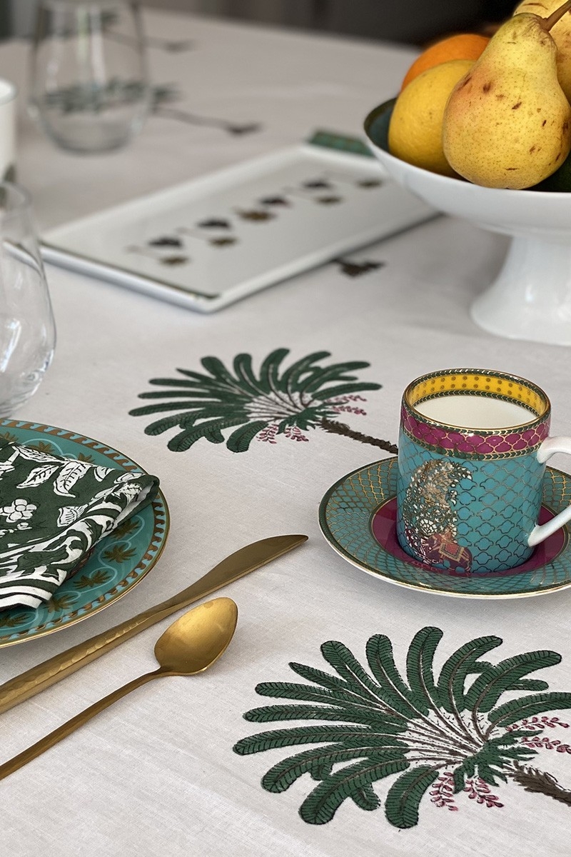 Toalha de mesa Island Green – branco/verde – palmeiras – 100% algodão – boho chic – Jardim Botânico – Miss June Paris – 5