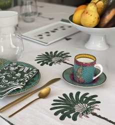 Toalha de mesa Island Green – branco/verde – palmeiras – 100% algodão – boho chic – Jardim Botânico – Miss June Paris – 5