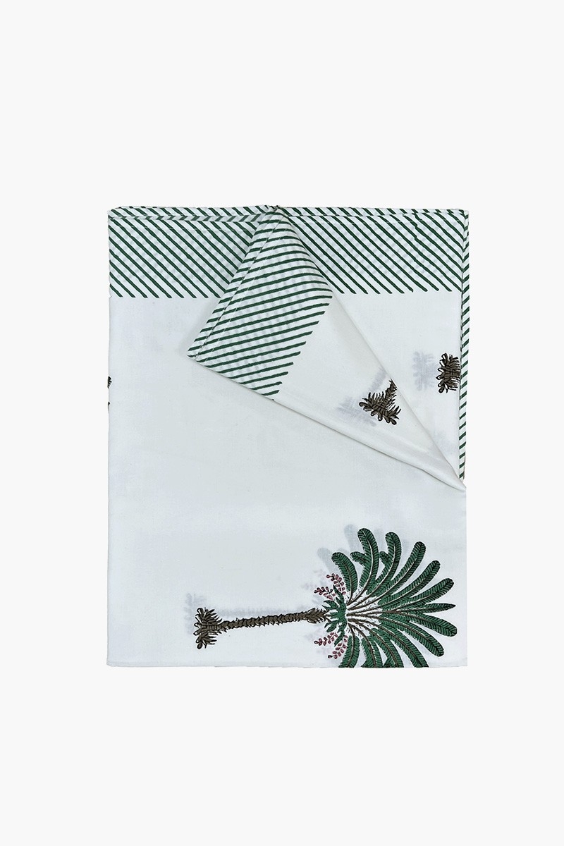Toalha de mesa Island Green – branco/verde – palmeiras – 100% algodão – boho chic – Jardim Botânico – Miss June Paris – 1