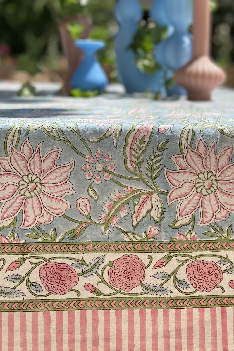 Calypso Blue Tablecloth – blue/pink – 100% cotton – boho chic – Jardin Botanique – Miss June Paris – 5