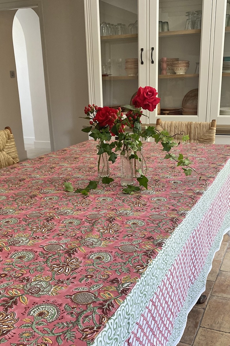 Toalha de mesa Celadon Green – 100% algodão – estampa floral – estilo boho chic – Jardim Botânico – Miss June Paris – 5