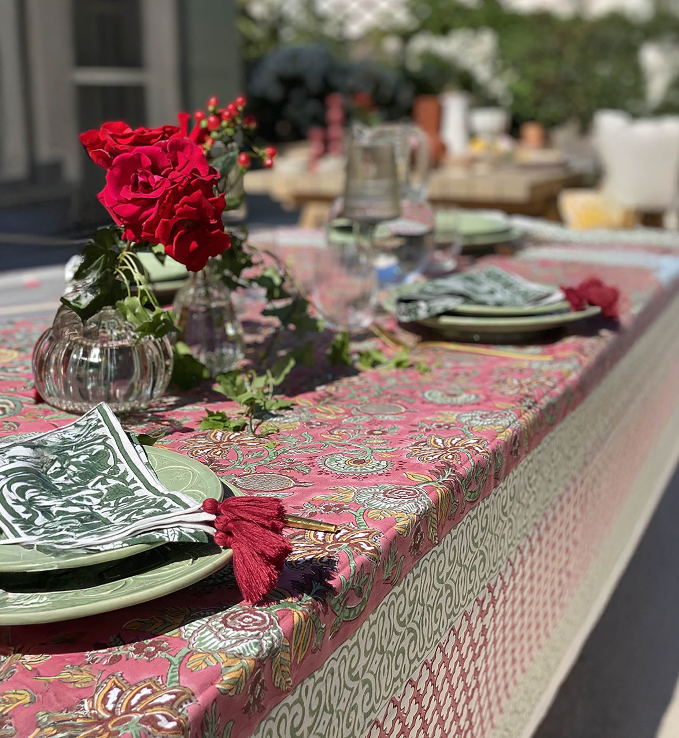 Celadon Green Tablecloth – 100% cotton – floral print – boho chic – Jardin Botanique – Miss June Paris – 3