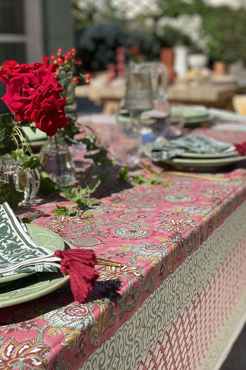 Toalha de mesa Celadon Green – 100% algodão – estampa floral – estilo boho chic – Jardim Botânico – Miss June Paris – 3