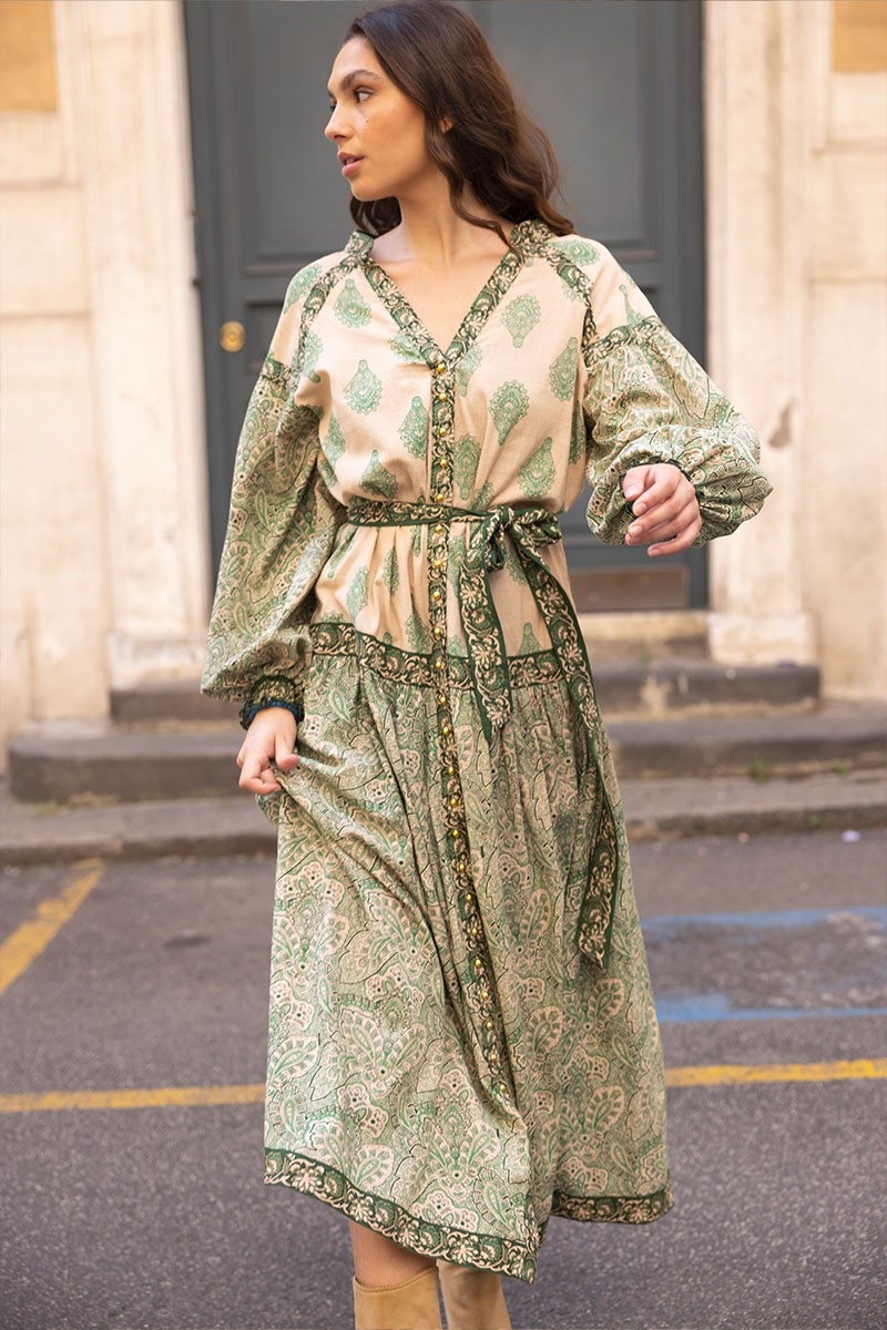 robe longue manche longue boheme verte ISABELA - Miss June