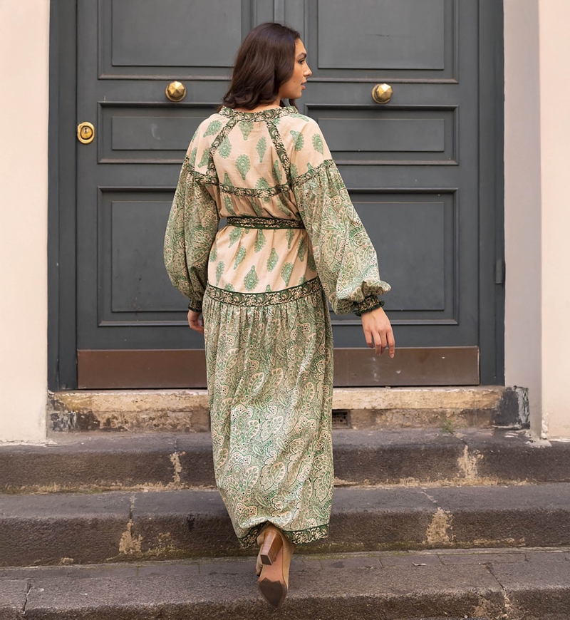 vestido largo verde bohemio manga larga ISABELA - Miss June
