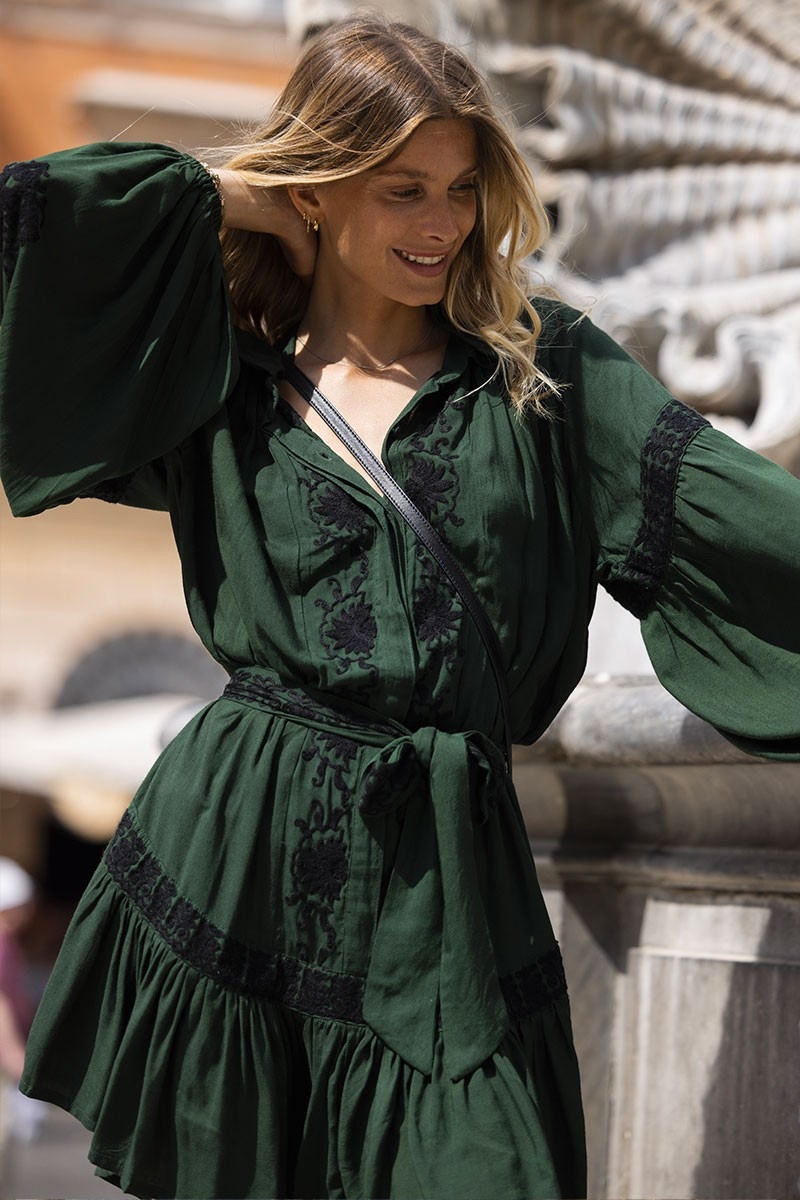 long sleeve boheme chic green short dress DINA - Miss June