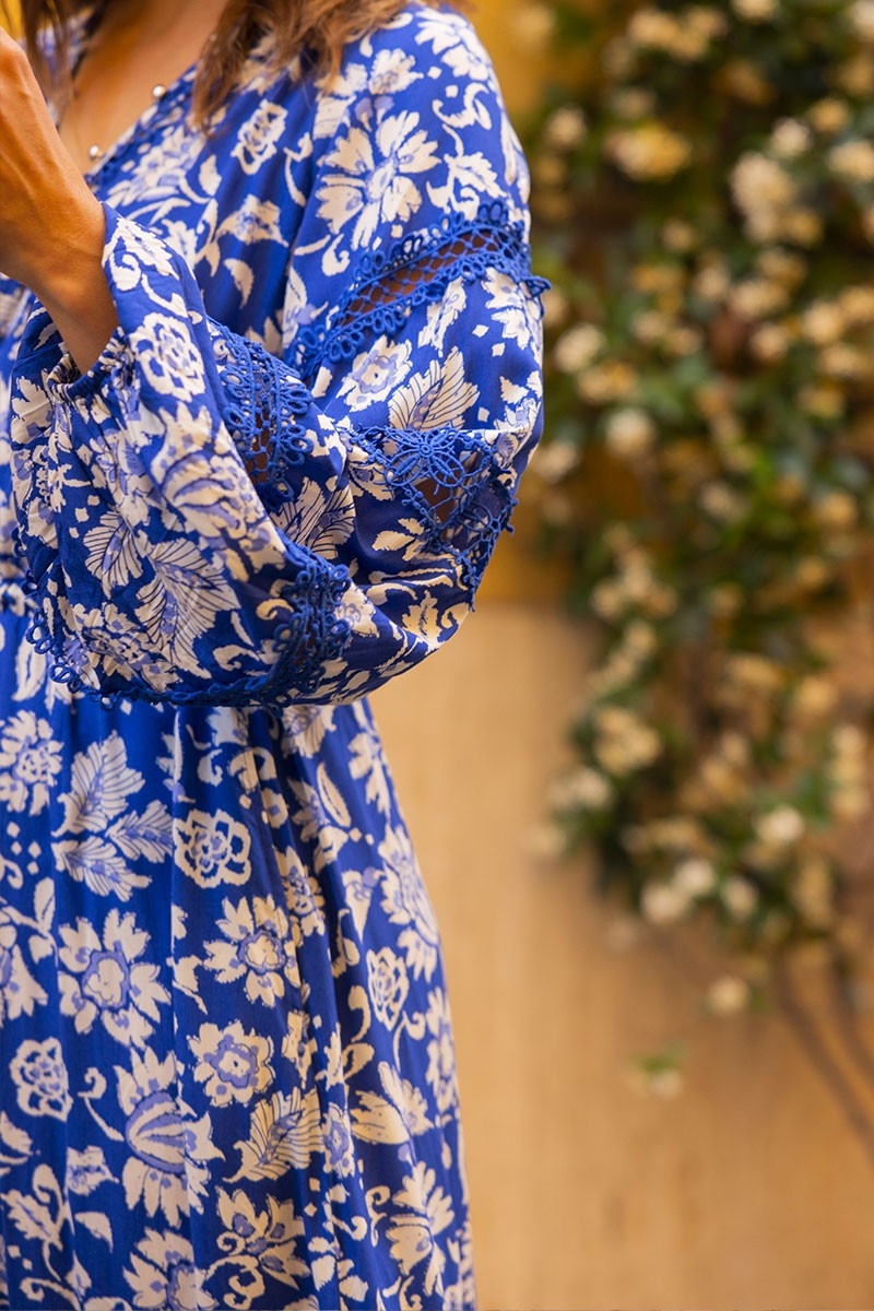 robe longue manche longue fleurie bleu MORGANE - Miss June