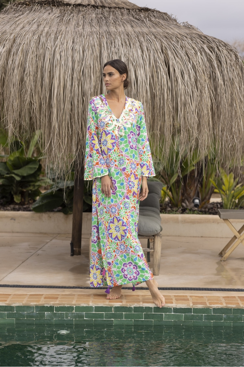 Long dress GUELIZ: green/orange color - decorated yoke - floral details - long bohemian sleeves - Miss June Paris - 3