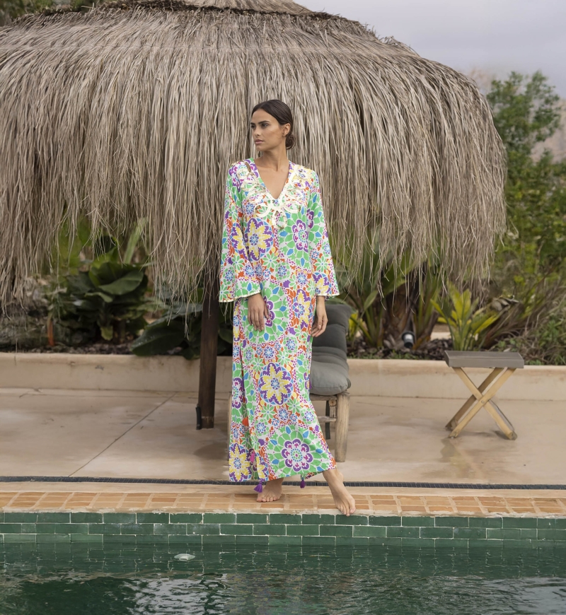 Robe longa GUELIZ: cor verde/laranja - peitilho decorado - detalhes florais - manga longa boêmia - Miss June Paris - 3