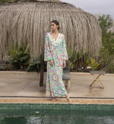 Robe longa GUELIZ: cor verde/laranja - peitilho decorado - detalhes florais - manga longa boêmia - Miss June Paris - 3