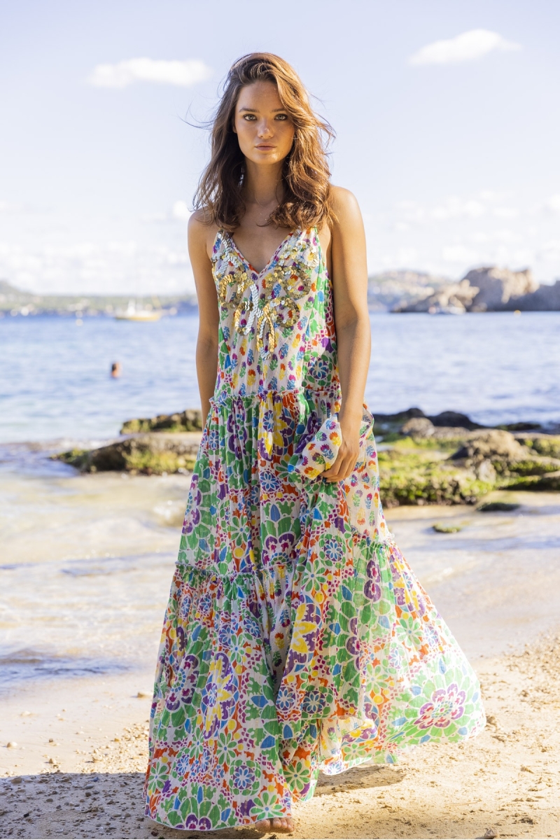 Long dress INNIKA: orange/green color - decorated yoke - floral details - thin straps - Miss June Paris - 2