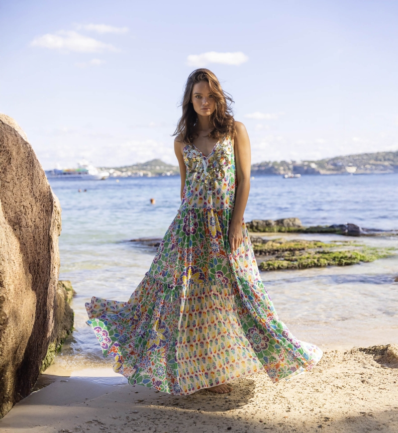 Robe longa INNIKA: cor laranja/verde - peitilho decorado - detalhes florais - alças finas - Miss June Paris - 3