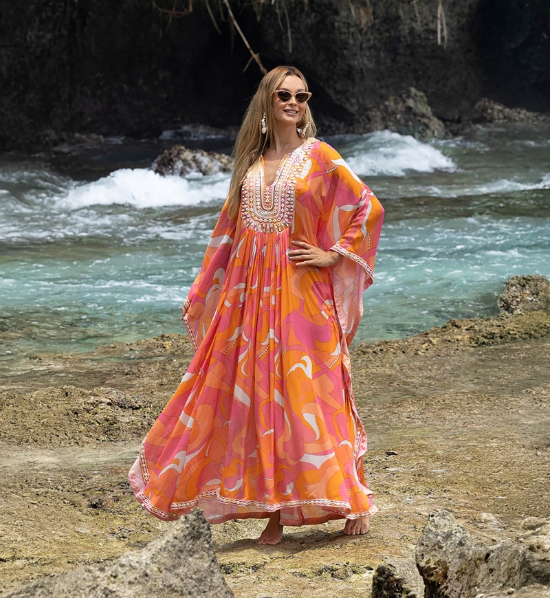 Cassia Long Caftan - Fuchsia/Pink/Orange - Decorated Plastron - Long Sleeves - Bohemian Style - Miss June Paris - 1