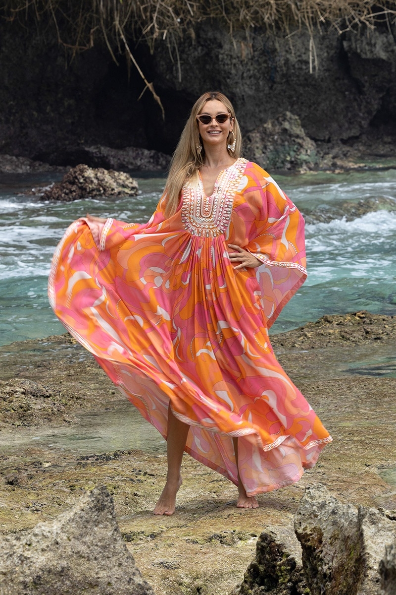 Cassia Long Caftan - Pink/Orange - Decorated Plastron - Long Sleeves - Bohemian Style - Miss June Paris