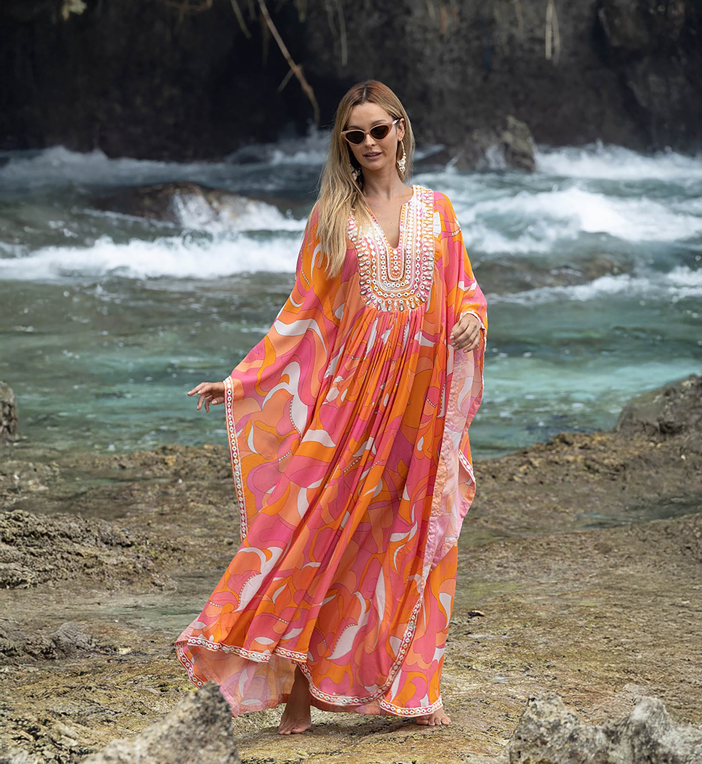 Cassia Long Caftan - Pink/Orange - Decorated Plastron - Long Sleeves - Bohemian Style - Miss June Paris - 3