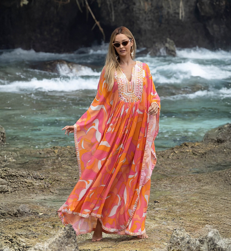 Cassia Long Caftan - Pink/Orange - Decorated Plastron - Long Sleeves - Bohemian Style - Miss June Paris - 3