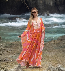 Cassia Long Caftan - Pink/Orange - Decorated Plastron - Long Sleeves - Bohemian Style - Miss June Paris - 3