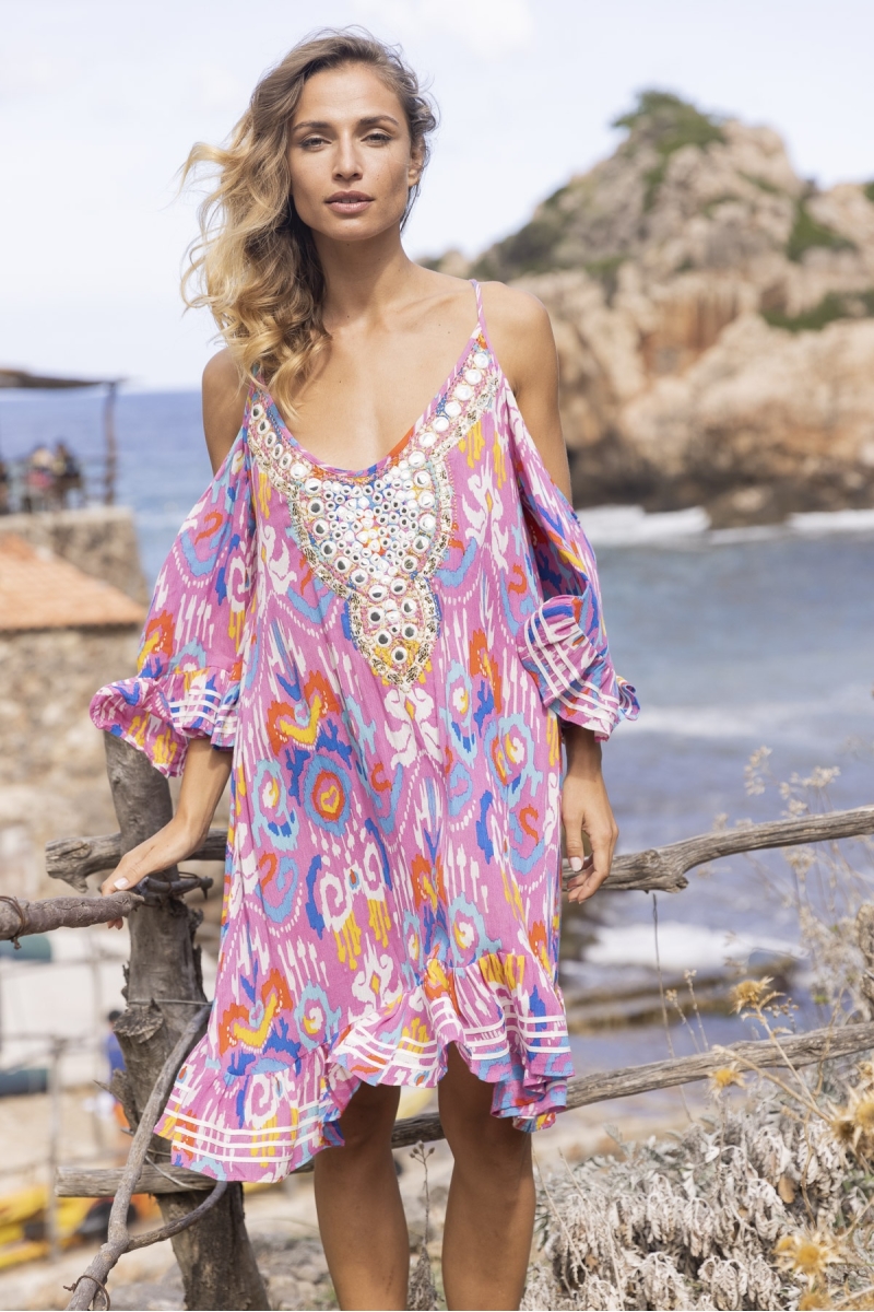 Short dress BIRDS: pink color - embroidered yoke - bohemian - Miss June Paris - 2