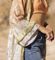 Long Kimono Shabby - Peach Gradient Lilac - Golden Details - Long Sleeves - Miss June Paris - 1