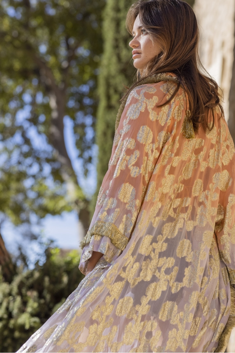 Kimono Largo Shabby - Melocotón Degradado Lila - Detalles Dorados - Mangas Largas - Miss June Paris - 3