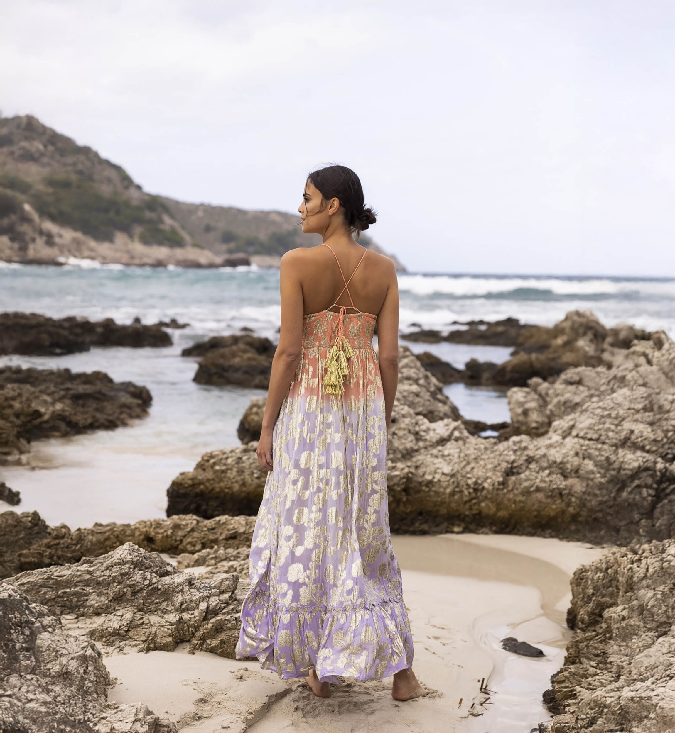 Vestido Longo Marley - Pêssego Degradê Lilás - Detalhes Dourados - Top de Crochê - Miss June Paris - 1