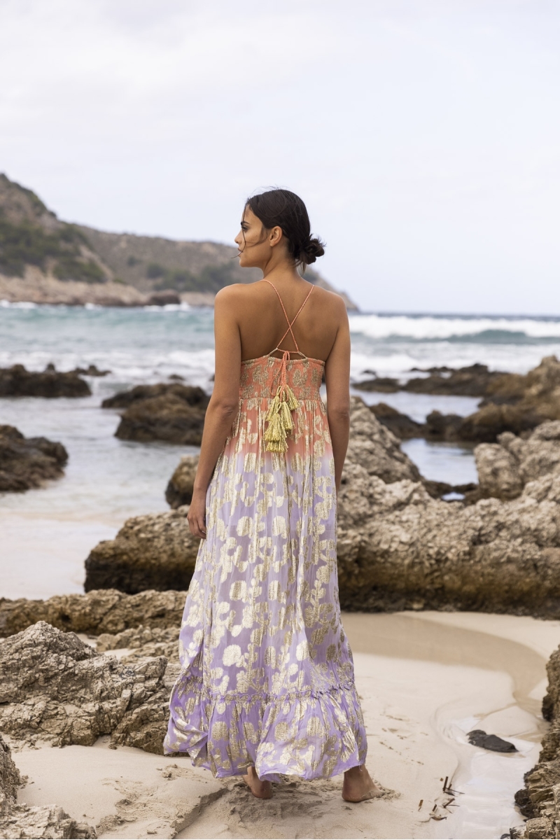 Vestido Largo Marley - Melocotón Degradado Lila - Detalles Dorados - Top de Ganchillo - Miss June Paris - 1