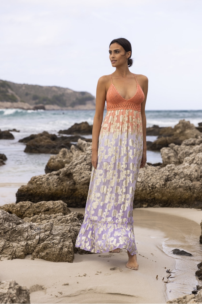 Marley Long Dress - Peach Gradient Lilac - Golden Details - Crochet Top - Miss June Paris - 2