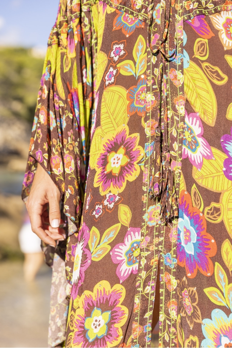 Kaftan Longo Delilah - Marrom - Estampa Floral - Mangas Longas - Miss June Paris - 3