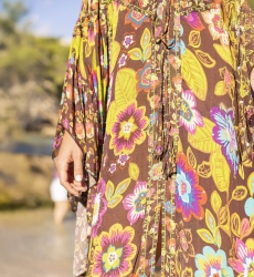 Kaftan Longo Delilah - Marrom - Estampa Floral - Mangas Longas - Miss June Paris - 3