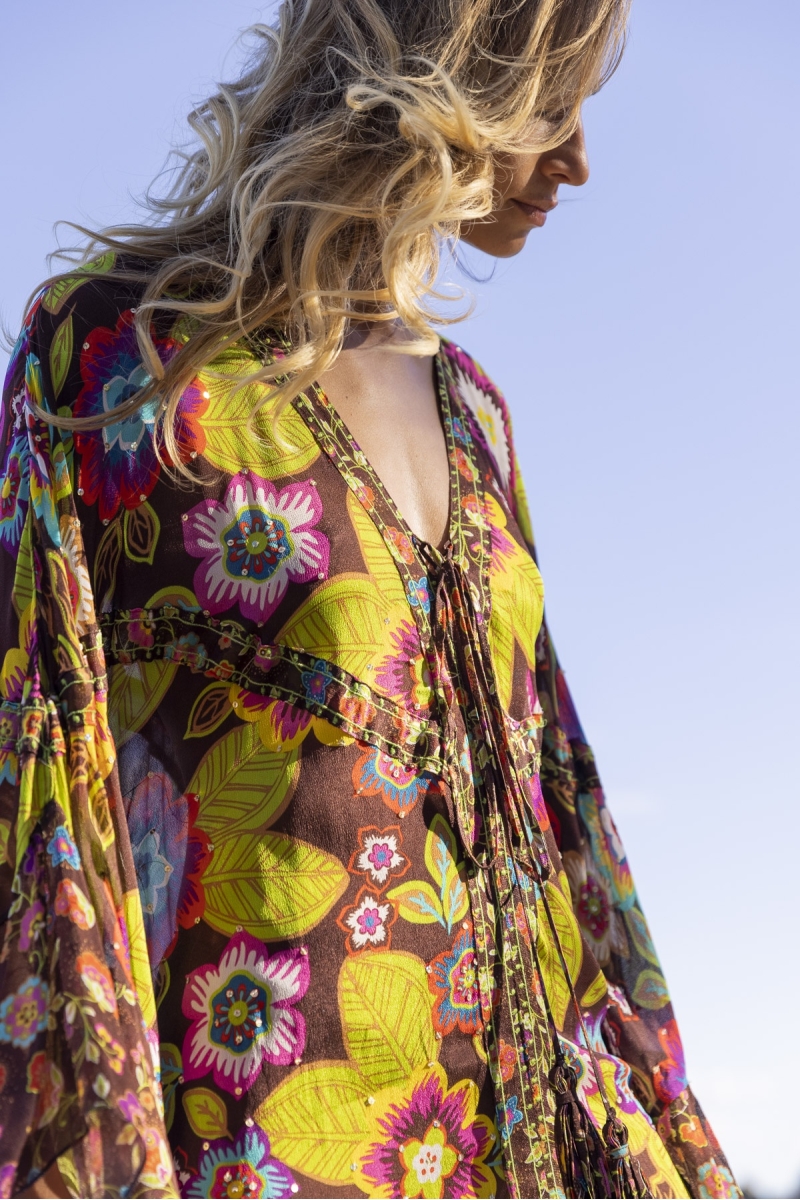 Delilah Long Caftan - brown - Floral Print - Long Sleeves - Miss June Paris - 2