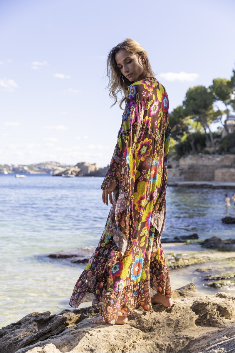 Kaftan Longo Delilah - Marrom - Estampa Floral - Mangas Longas - Miss June Paris - 1
