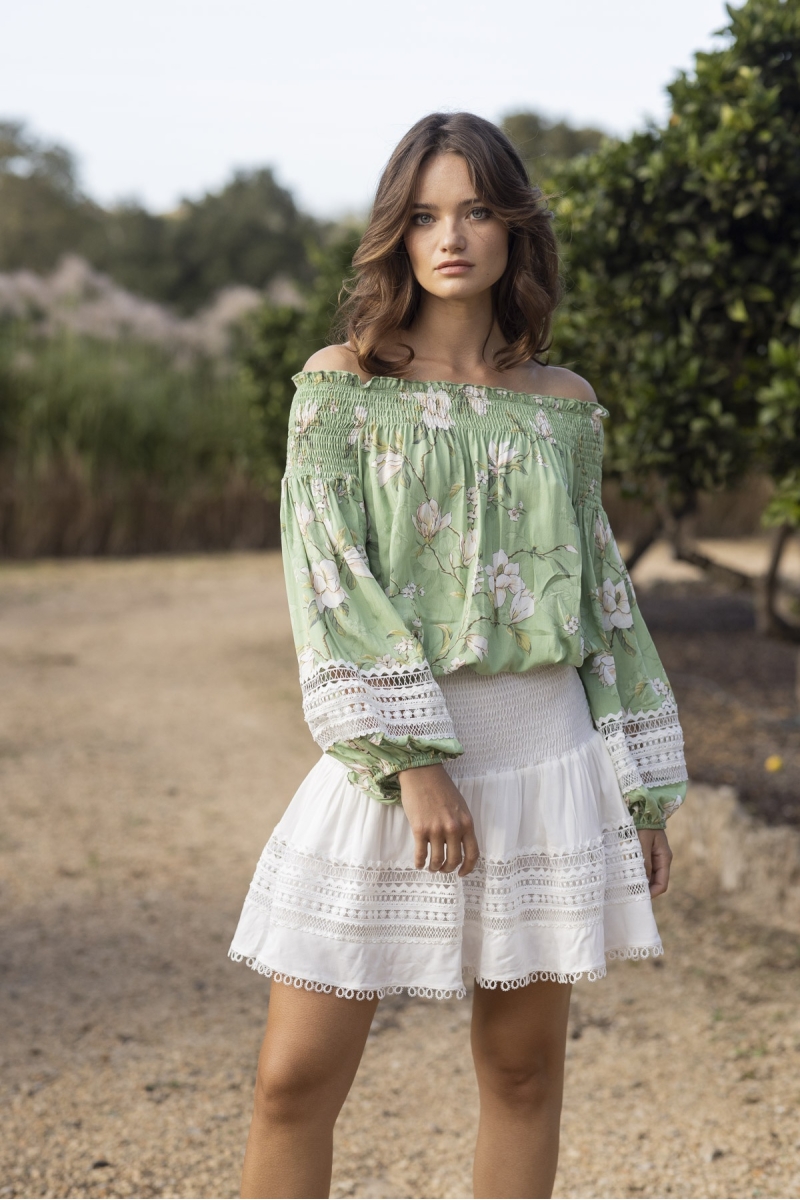 Gia Long Sleeve Blouse - green - Floral Print - White Embroidery - Boho Style - Miss June Paris - 1