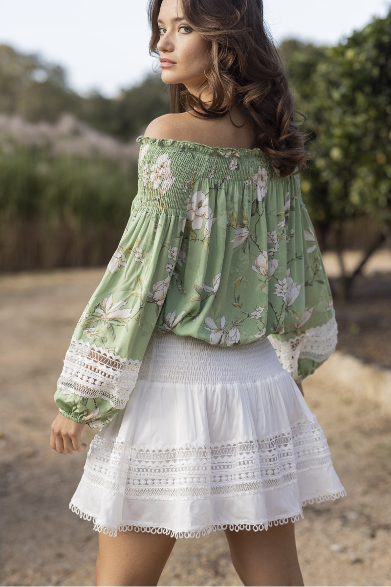 Blusa de Manga Larga Gia - verde - Estampado Floral - Bordado Blanco - Estilo Boho - Miss June Paris - 5
