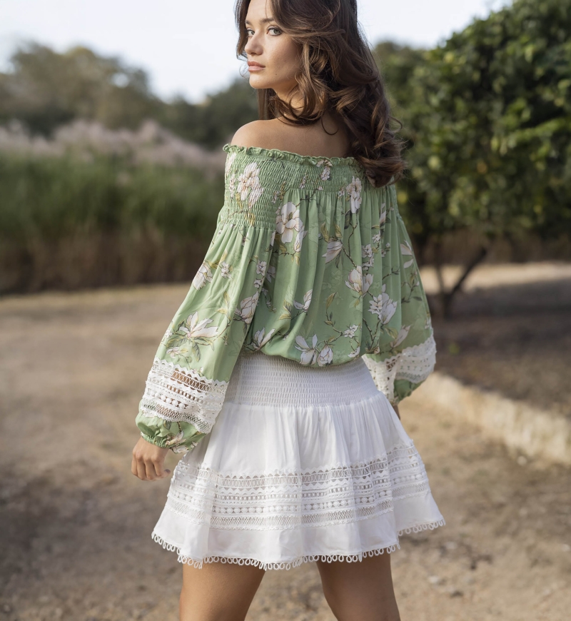 Gia Long Sleeve Blouse - green - Floral Print - White Embroidery - Boho Style - Miss June Paris - 5