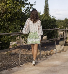 Mabel Short Skirt - green - Floral Print - White Embroidery - Boho Style - Miss June Paris - 2