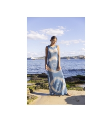 Goya Long Dress - blue - Crochet Dress - Decorated Plastron - Golden Sequins - Round Neck - Miss June Paris - 3