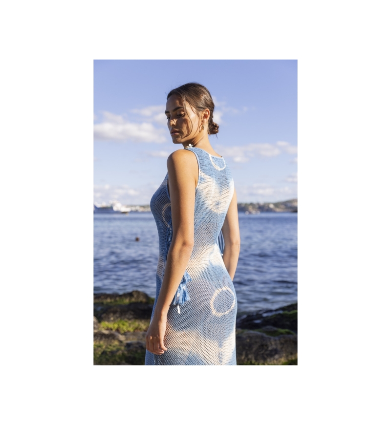 Goya Long Dress - blue - Crochet Dress - Decorated Plastron - Golden Sequins - Round Neck - Miss June Paris - 4