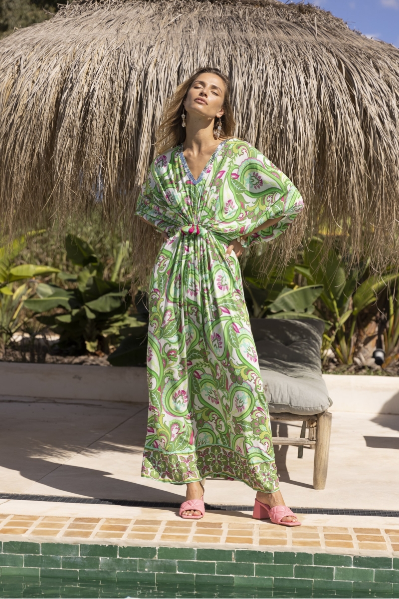 Emmy Long Dress - Green/White- Paisley Print - Long Sleeves - With Sequins - Miss June Paris - 1