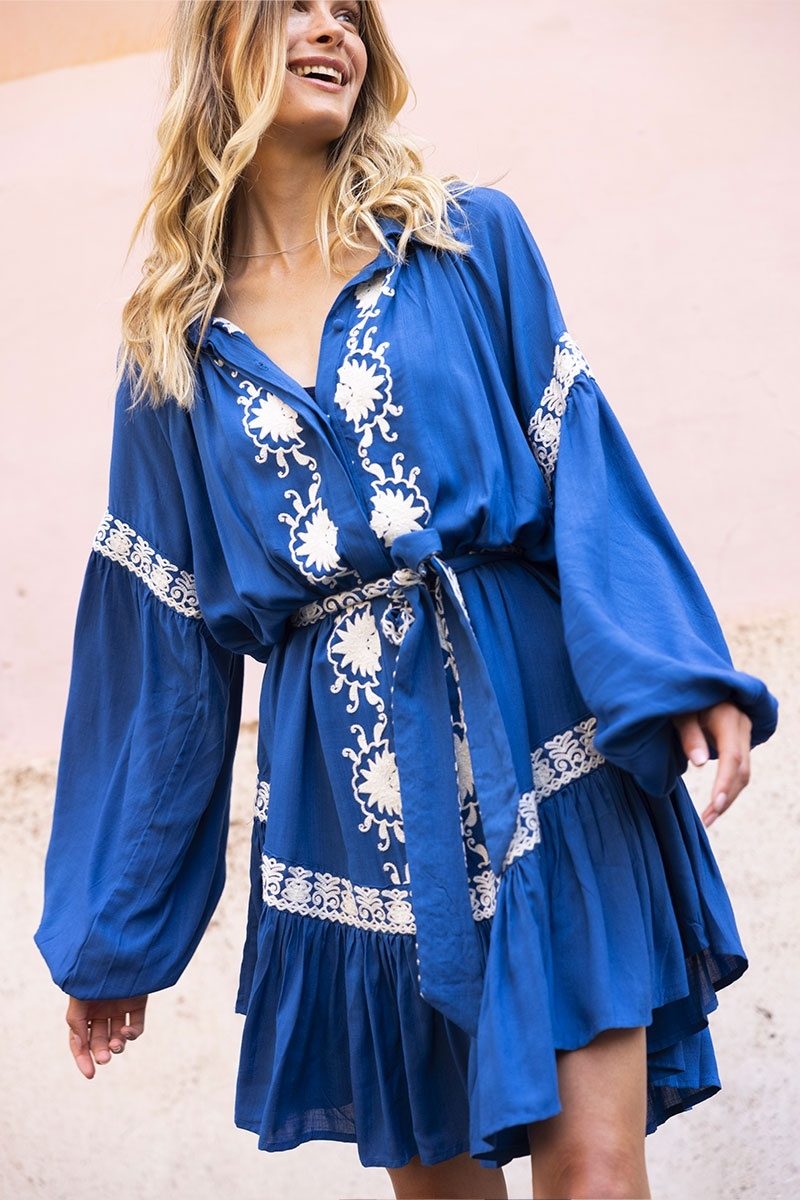 vestido corto azul bohemio chic manga corta DINA - Miss June