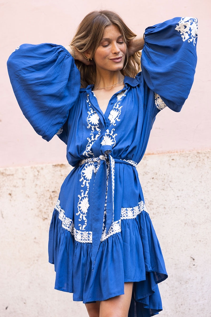 vestido corto azul bohemio chic manga corta DINA - Miss June