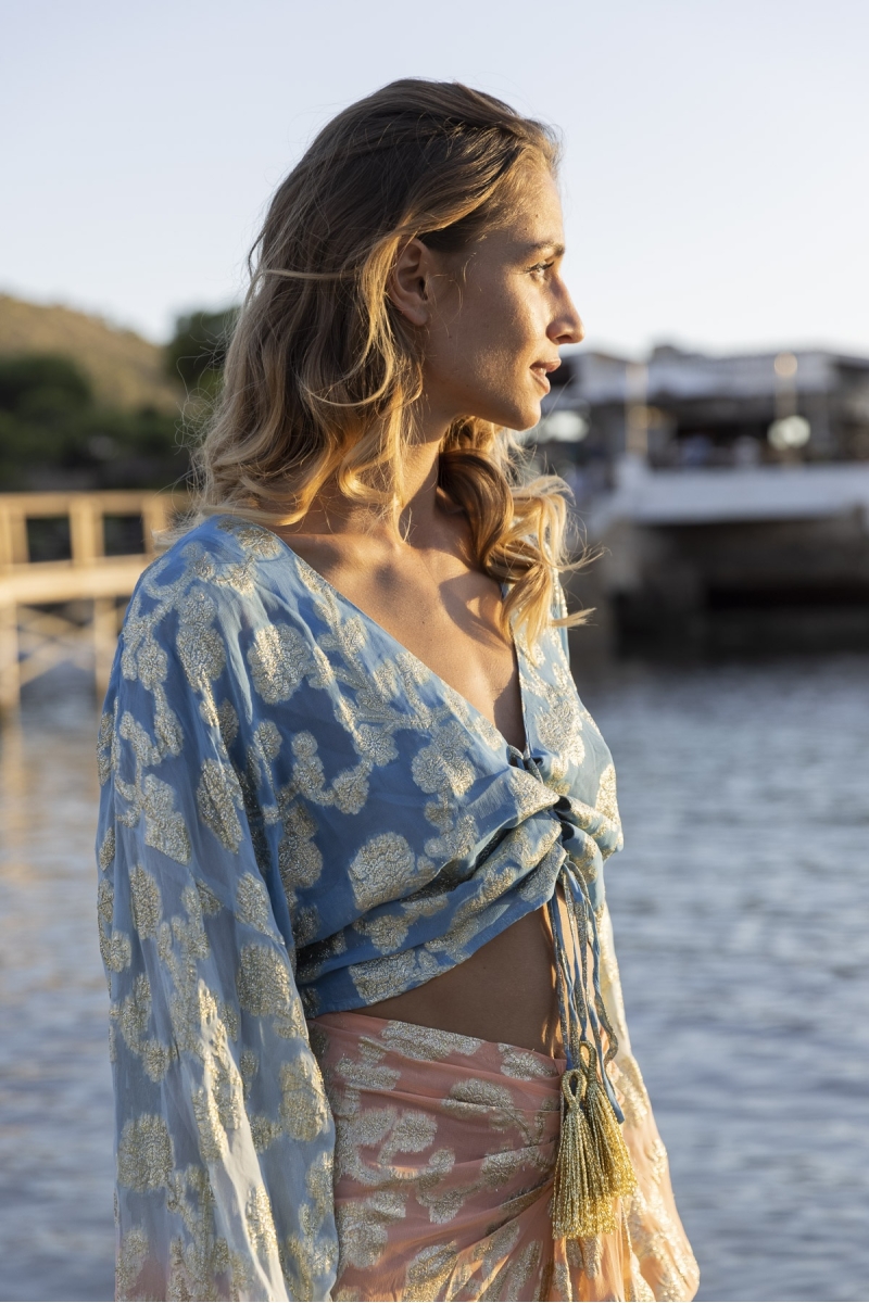 Saia Midi Shade - Pêssego/azul - Detalhes Dourados - Estilo Boho - Miss June Paris - 2