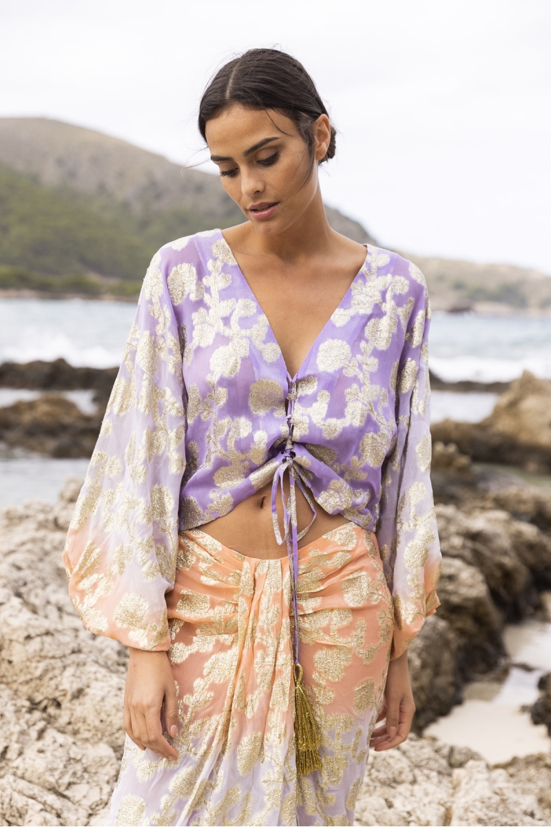 Saia Midi Shade - Pêssego/Lilás - Detalhes Dourados - Estilo Boho - Miss June Paris - 2