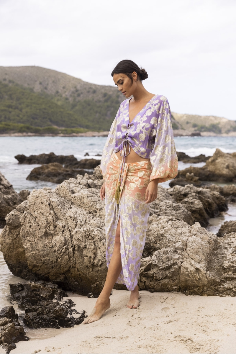 Saia Midi Shade - Pêssego/Lilás - Detalhes Dourados - Estilo Boho - Miss June Paris - 4