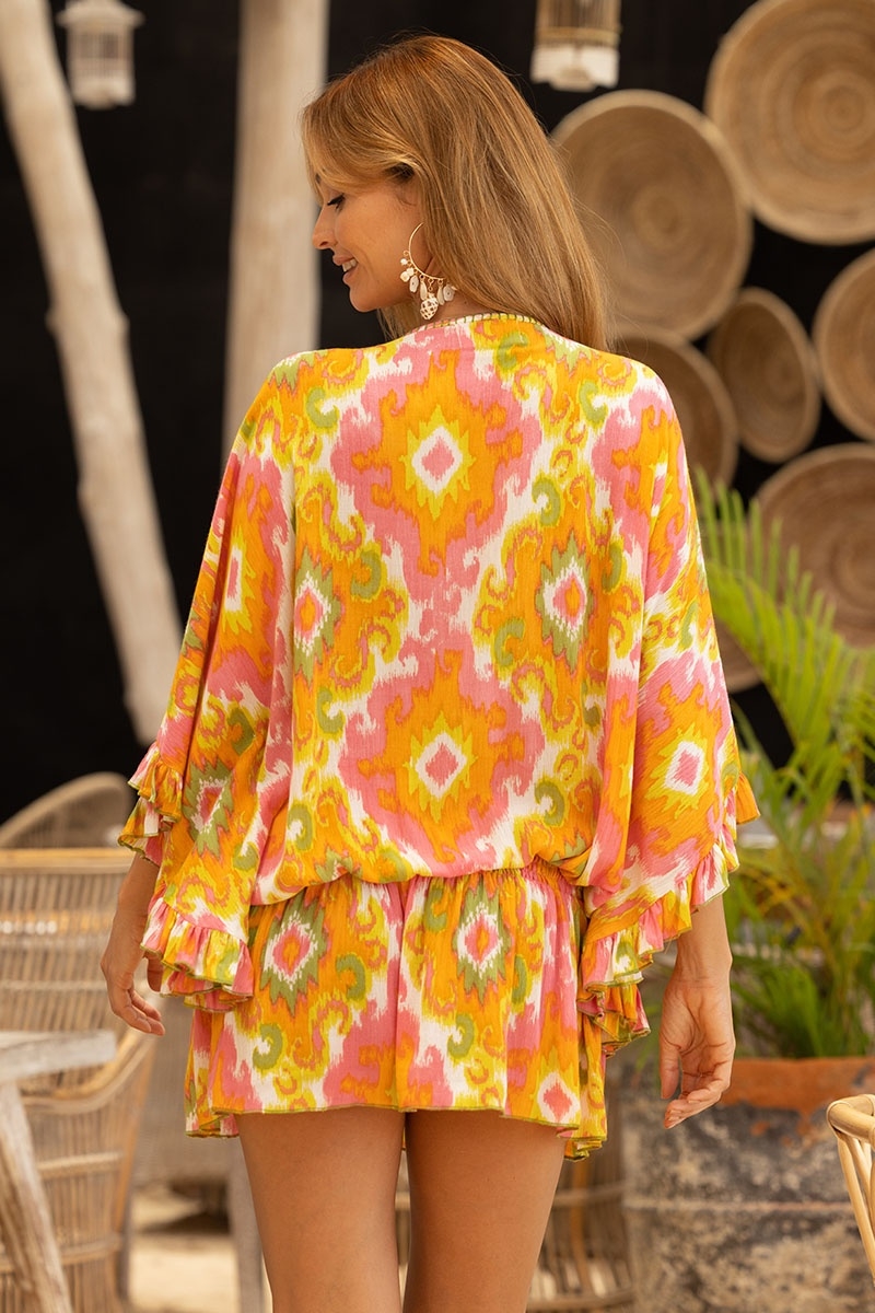 Mini Vestido Mavis - Laranja - Mangas Longas - Peitoral Decorado - Detalhes Dourados - Boho - Miss June Paris - 1