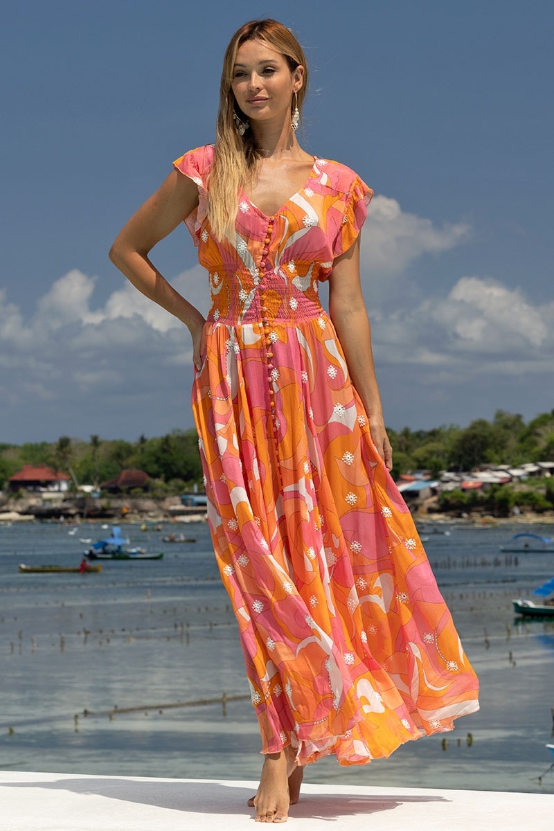 Vestido Longo Scarlett – rosa/laranja – estampa boêmia – decote em V – cinto franzido – Miss June Paris – 1