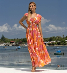 Vestido Longo Scarlett – rosa/laranja – estampa boêmia – decote em V – cinto franzido – Miss June Paris – 1