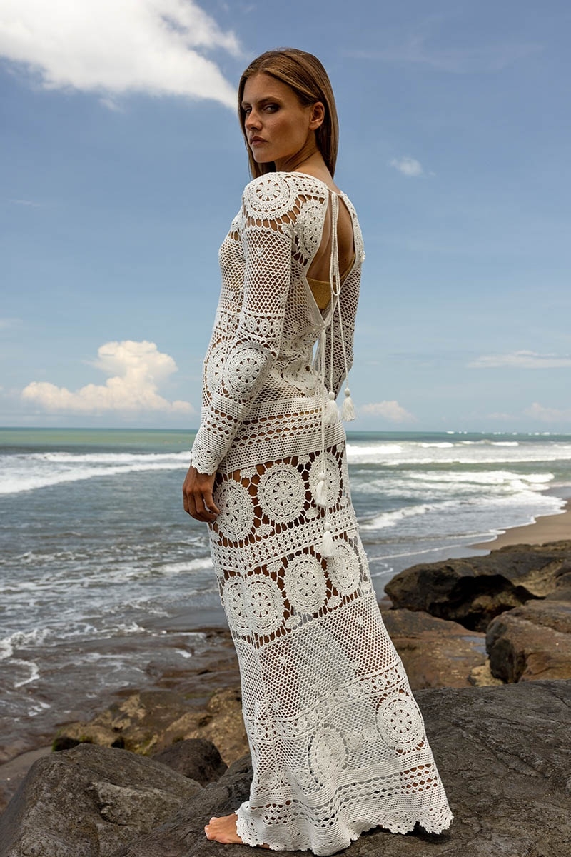 Vestido Longo Birkin - Branco - Crochê - Mangas Longas - Boho - Miss June Paris - 3