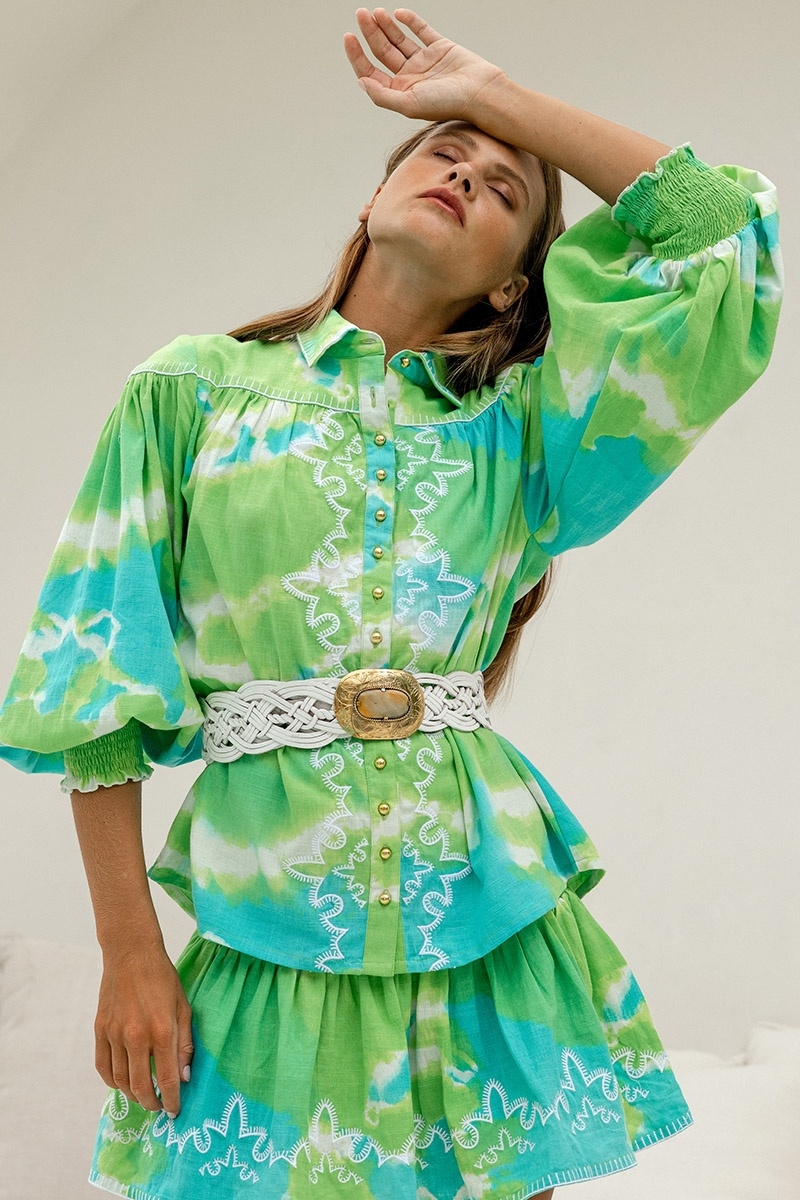 Shirt Hayley – green/aqua – puff long sleeves – tie & dye pattern – bohemian – Miss June Paris – 5