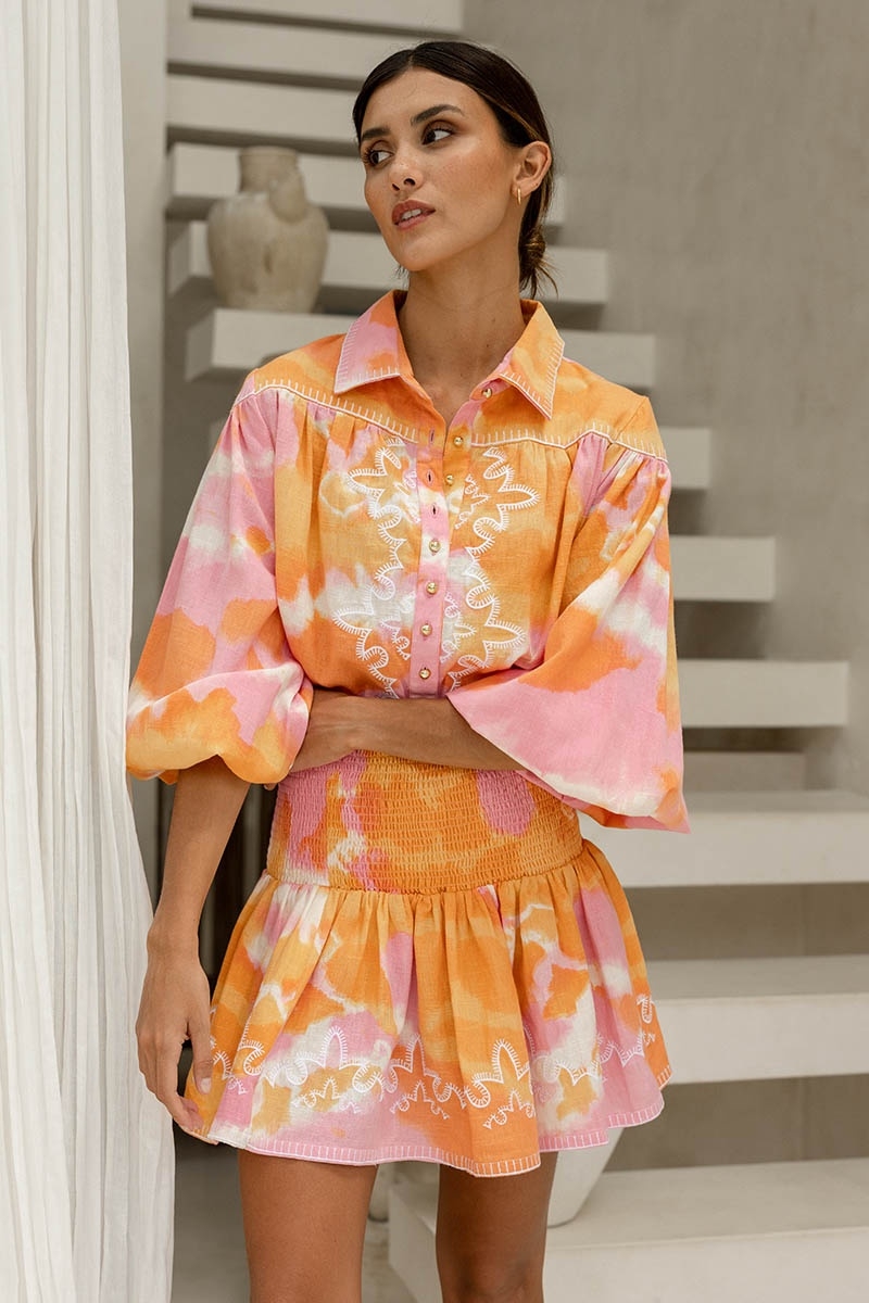 Skirt Lelya – orange/pink – embroidered details – smocked style – tie & dye pattern – bohemian – Miss June Paris – 2